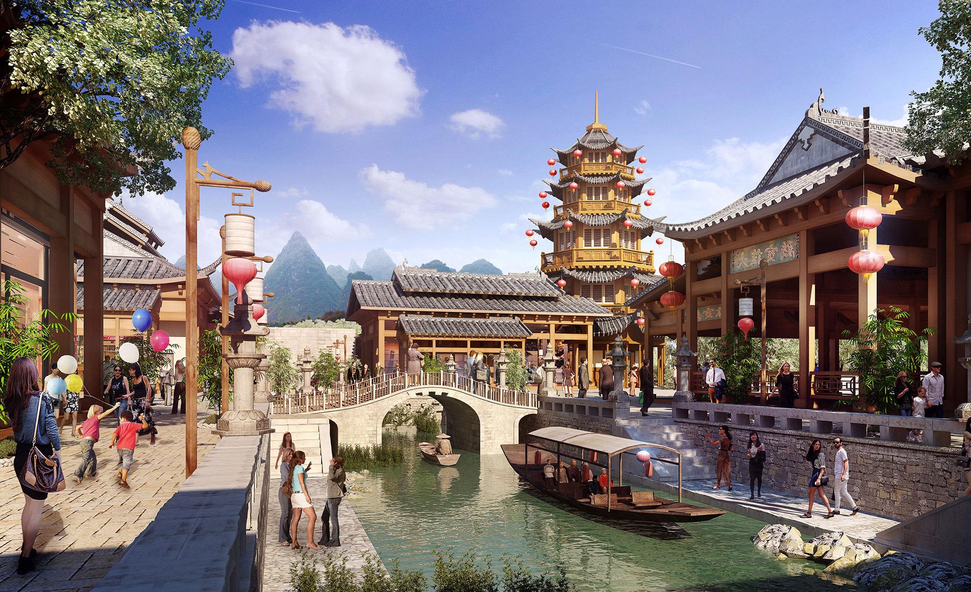 Cultural theme park entry village pov