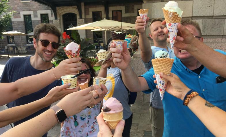 Ice cream cone toast by a group of staff members, Interdependence Day 2021
