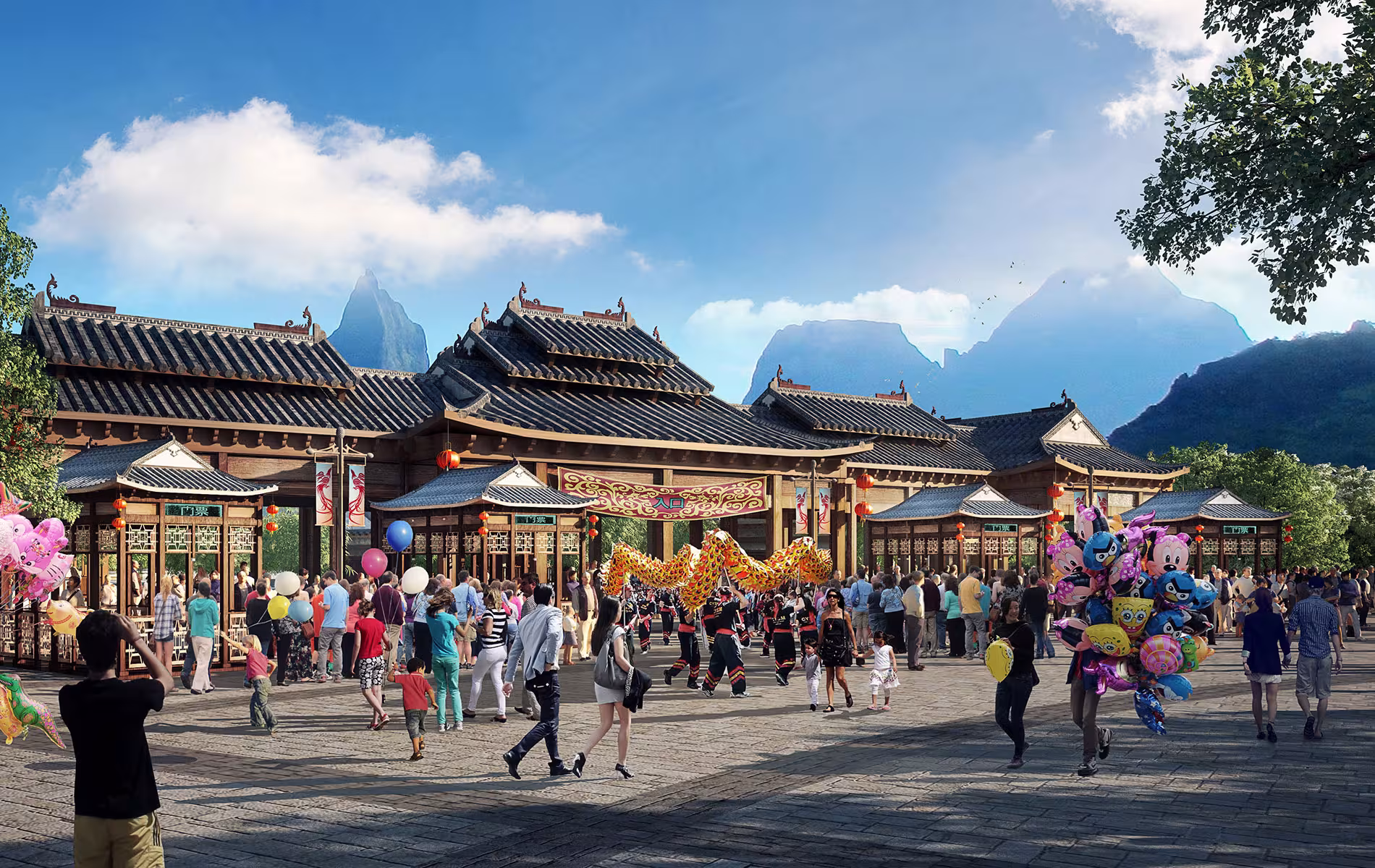Cultural theme park entry gate pov 